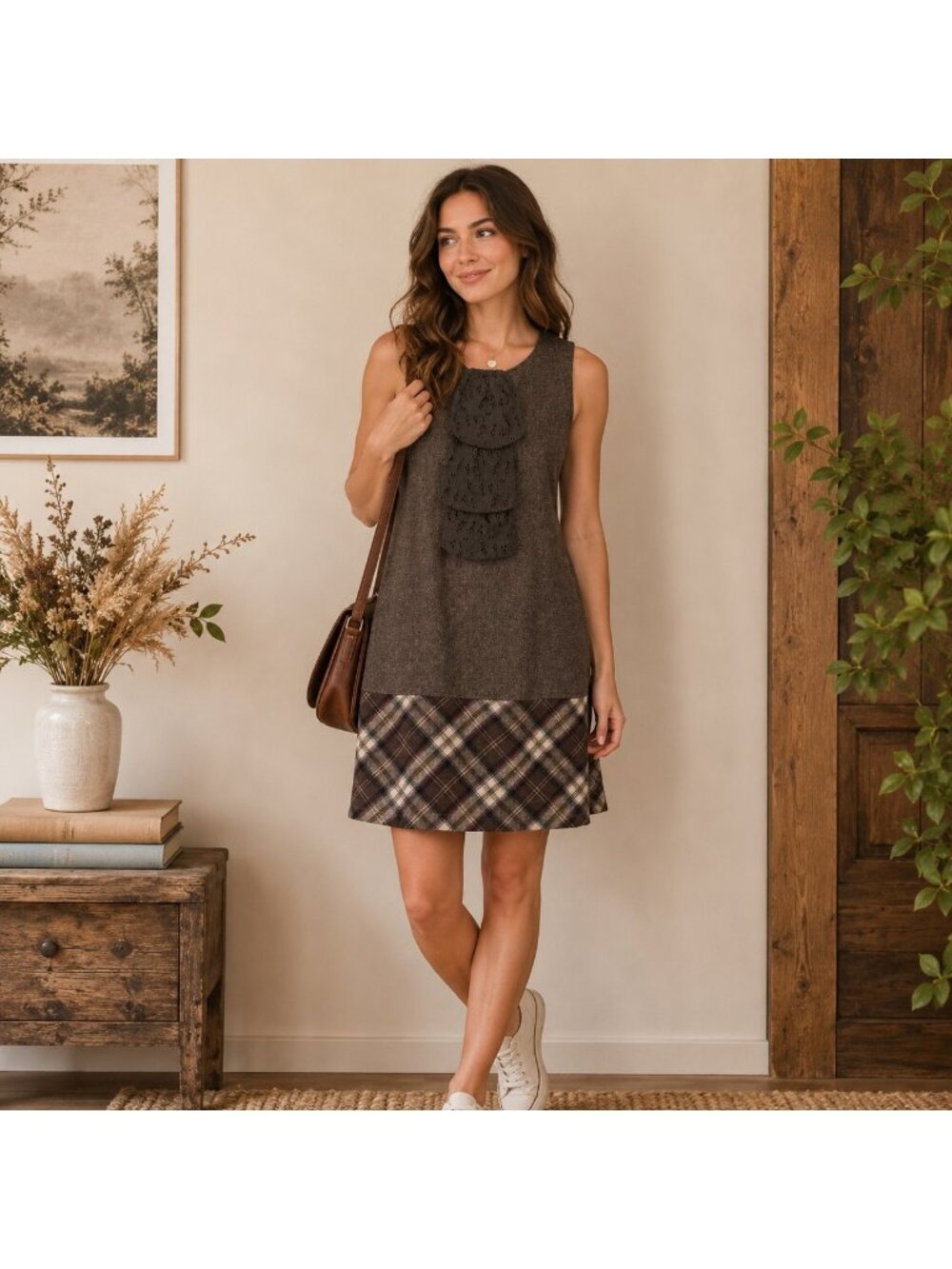 Knitteddove Wool Blend Plaid Shift Dress Dark Academia Cottagecore Size S